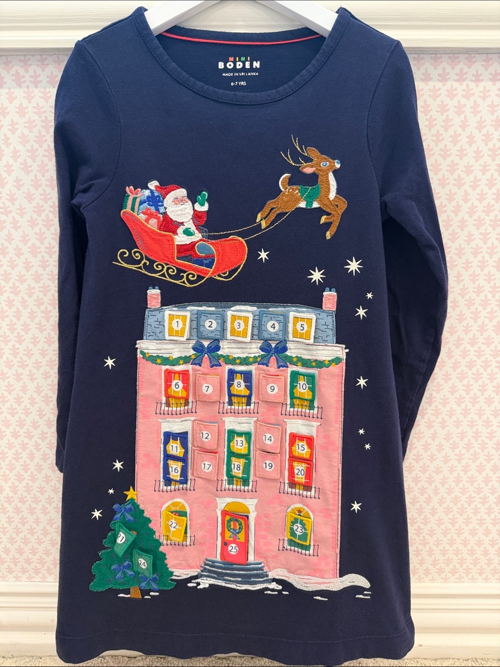 Boden Navy Long-Sleeve Christmas Advent Dress with Festive Appliqué
